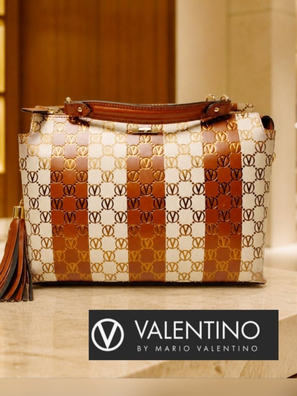 Mario Valentino Spa Italy Made Briget Monogram Striped Leather Hand Bag